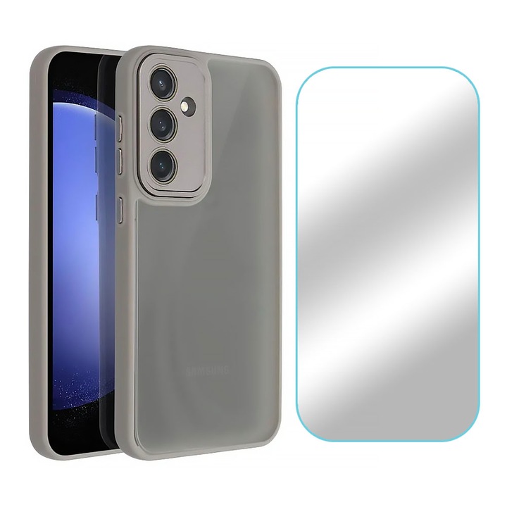 Set Folie Sticla Securizata 2.5D si Husa Silicon TPU pentru Samsung Galaxy A55, Durabila, Case-Friendly, Protectie camera si lentile, Gri