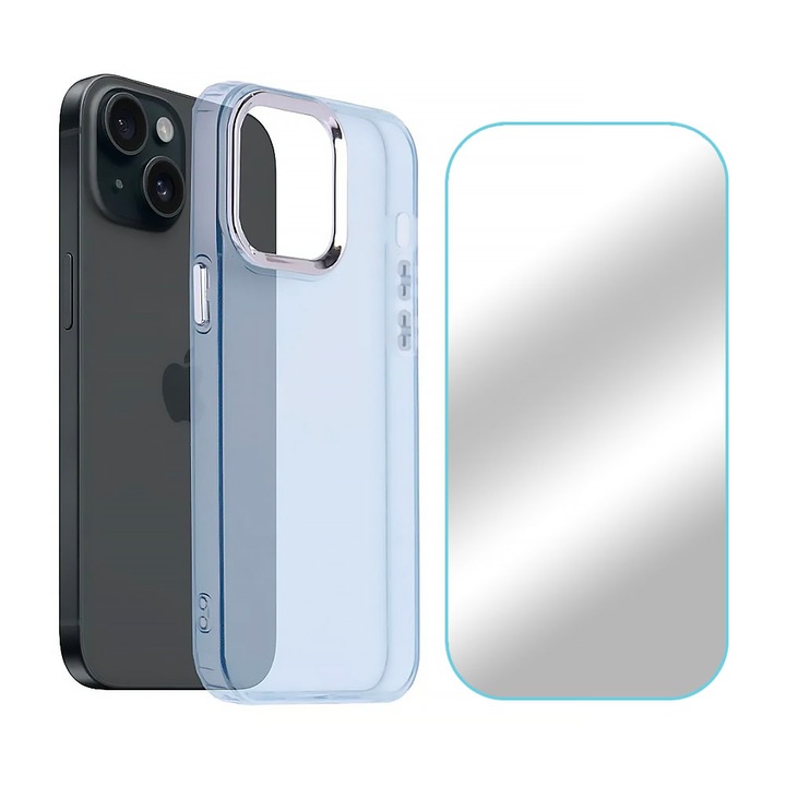 Set Folie Sticla Securizata 2.5D si Husa Silicon 1.5MM Flexibil TPU pentru Samsung Galaxy S23 FE, Case-Friendly, Smoky Color, Albastru Deschis