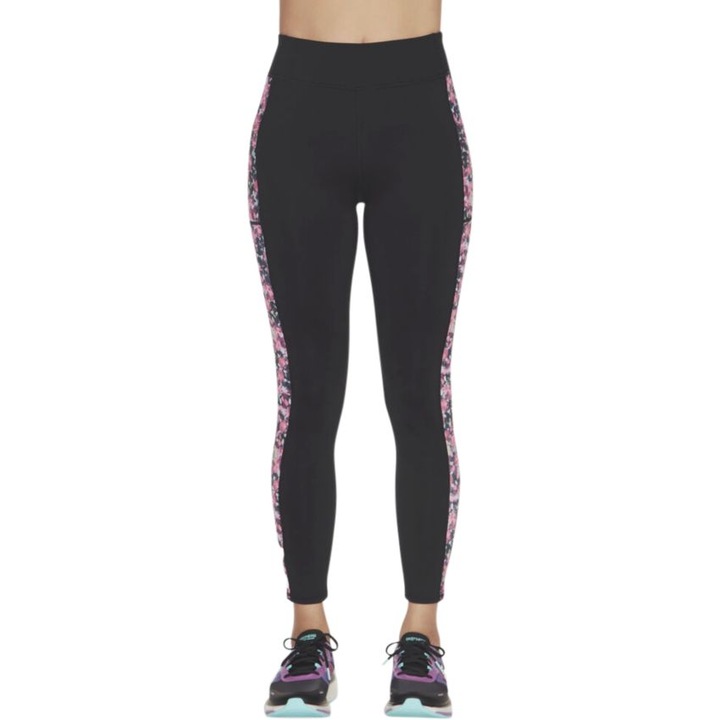 Női sport leggings, Skechers, GOSTRETCH FANTASY FIELDS HW FL, Poliészter, Fekete/Rózsaszín, M