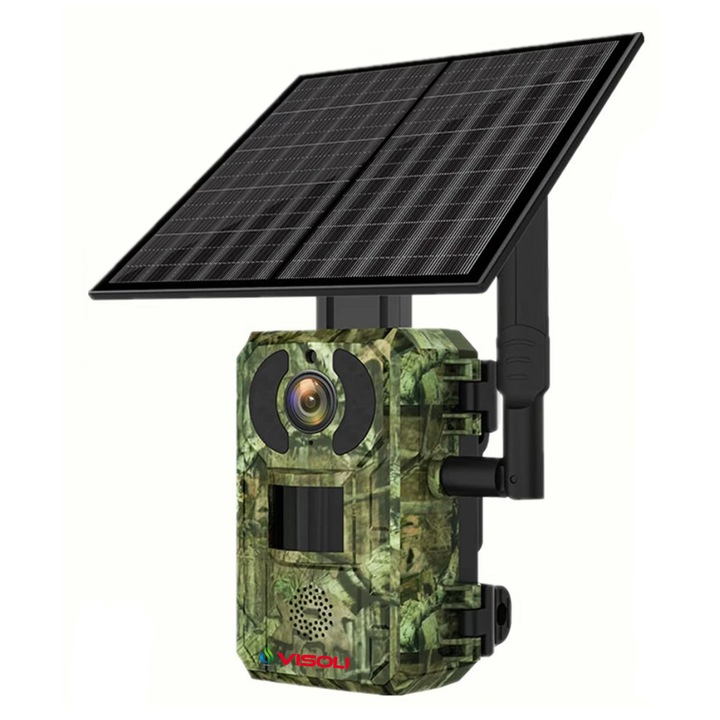 Camera de Vanatoare cu Panou Solar Sim 4G Visoli® H10, Lentila 4MP, Rezolutie 2K, Trail Camera / Camuflaj, rezistenta la apa si insecte