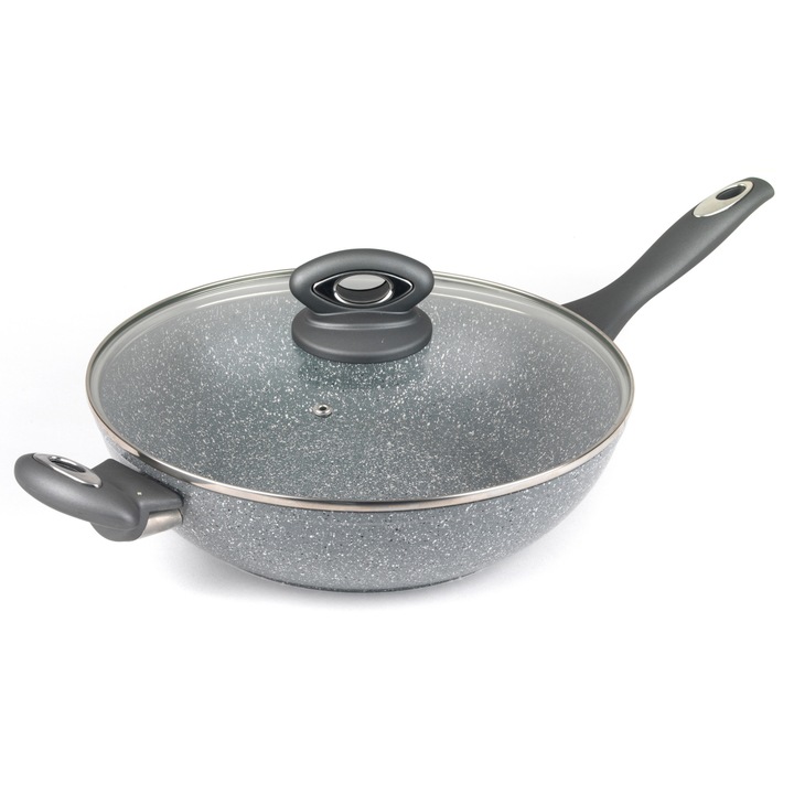Уок тиган Salter Marblestone с капак, 28 см, сив