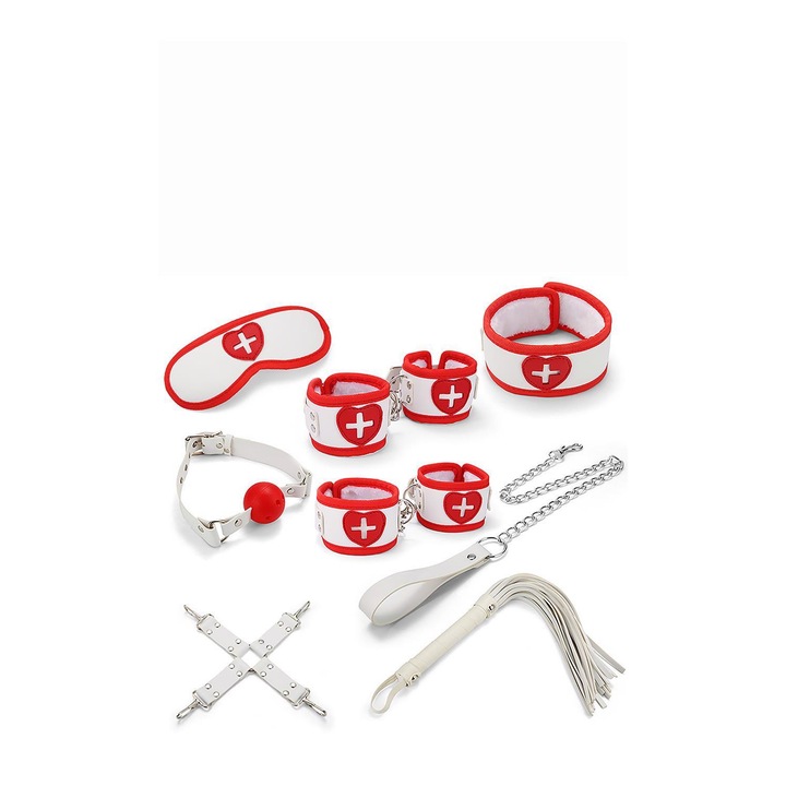 Set BDSM Attraction, 8 piese, PVC/metal/plus, alb/rosu