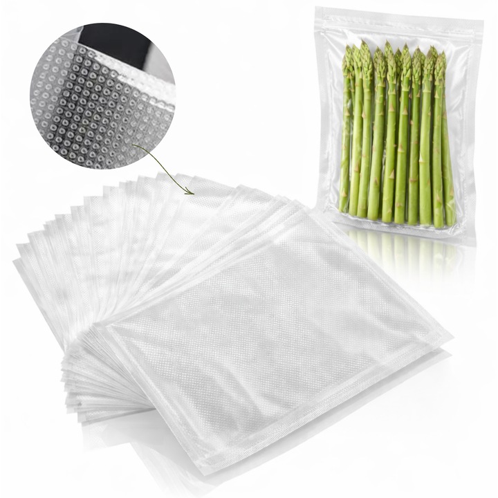 Pungi de vidat gofrate Salestore.ro® pentru aparat de vidat alimente, 100 buc cu dimensiunile 20 x 30 cm, Rezistente, fara BPA, Transparente
