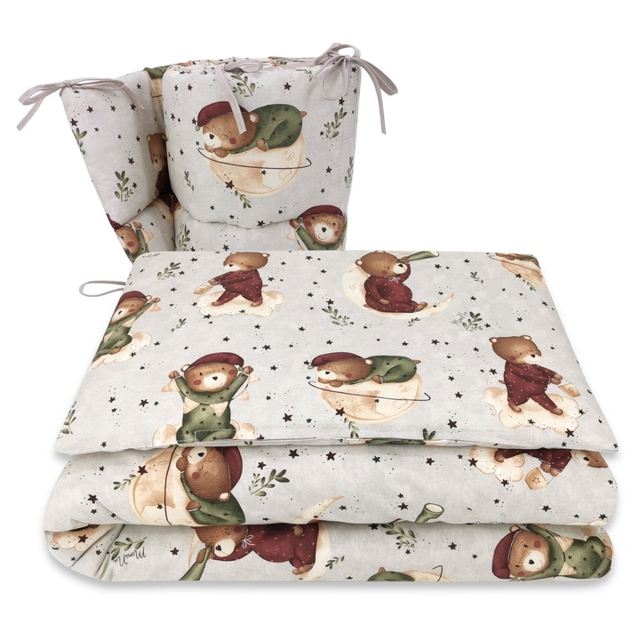 Lenjerie patut cu 3 piese, MimiNu, Pentru patut 120x60 cm, Cu protectie laterala, Din bumbac certificat Oeko Tex Standard 100, Teddy Bear On Moon