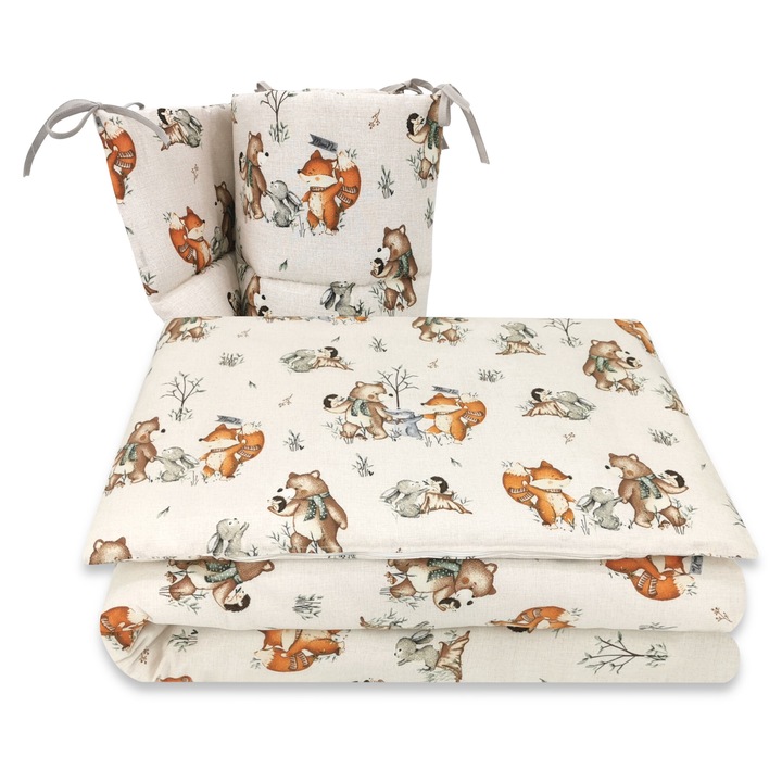 Lenjerie patut cu 3 piese, MimiNu, Pentru patut 120x60 cm, Cu protectie laterala, Din bumbac certificat Oeko Tex Standard 100, Design, Time for fun