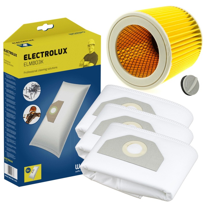 Set de 15 saci sintetici si filtru intarit pentru aspiratoarele Electrolux, Karcher WD3 200 MV3 WD 3 ELMB03K