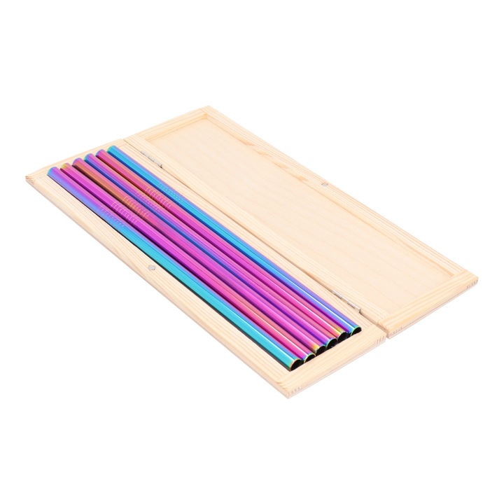 Set 6 Paie Metalice Reutilizabile Curcubeu 8mm, din Inox de Calitate Superioara, cu Perie Curatare si Carcasa Eleganta din Lemn Natural, Eco-Friendly, Durabile, pentru Bauturi, Cocktailuri, Smoothie-uri, Cadou Sustenabil, Protectia Mediului