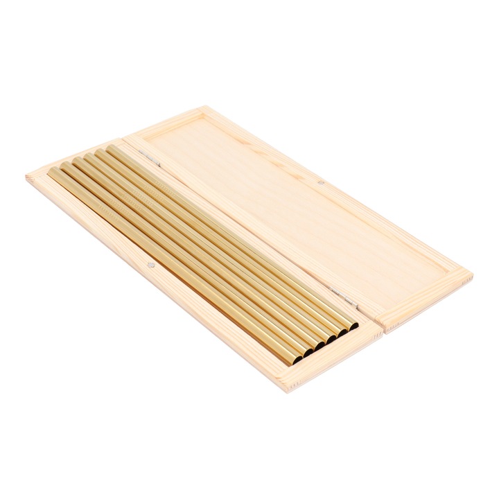 Set 6 Paie Metalice Reutilizabile Aurii Premium 8mm din Inox, Ecologice Durabile cu 2 Perii de Curatare, Husa Eleganta din Lemn Natur, Pentru Cocktailuri, Cafea, Bauturi, Cadou Special, Acasa, Petreceri, Birou, Calatorii, Baruri