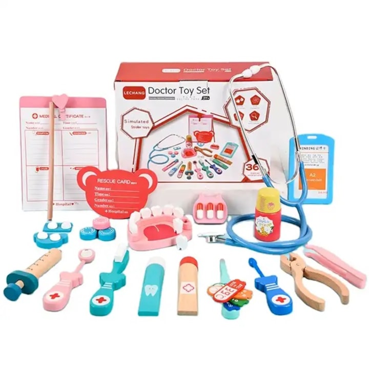 Играчка медицински комплект, многоцветно дърво, зъболекарски комплект от 25 части