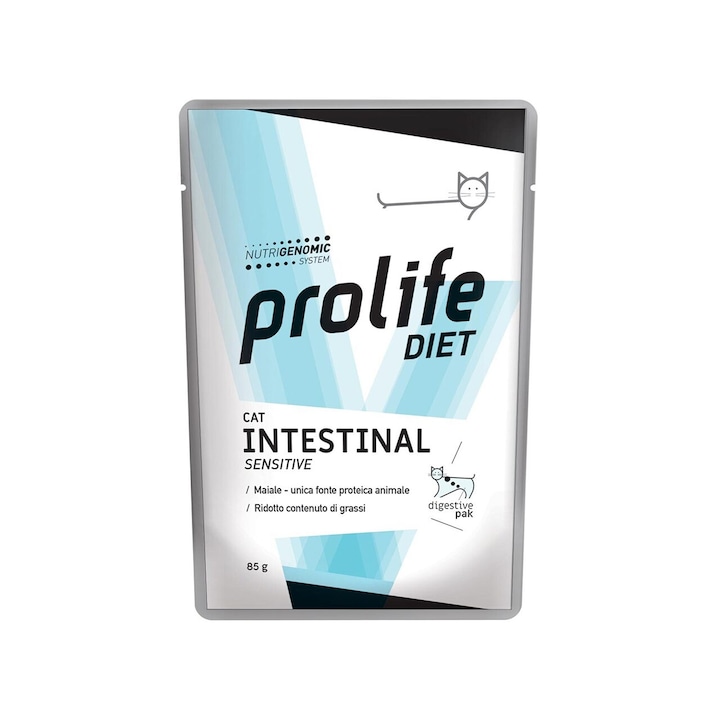 Hrana umeda pentru pisici, PROLIFE Intestinal Sensitive, aroma de porc, plic 85 g