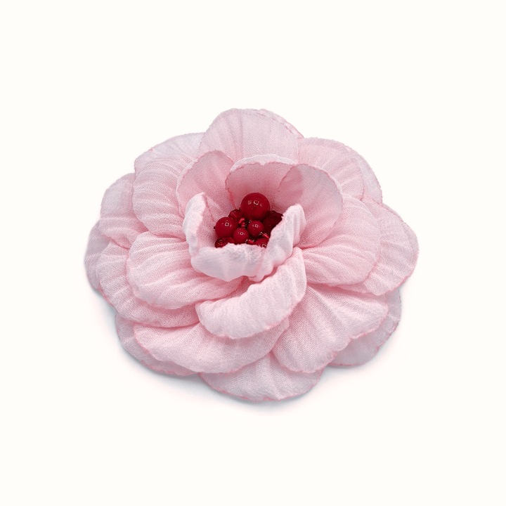 Brosa eleganta floare, Corizmi, Lumi, voal roz, 8.5 cm, mijloc rosu cu perle si cristale