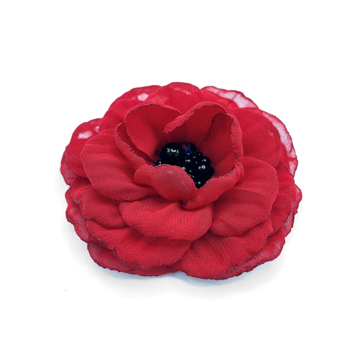 Brosa eleganta floare, Corizmi, Rachel, voal rosu, 8.5 cm, mijloc negru cu perle si cristale