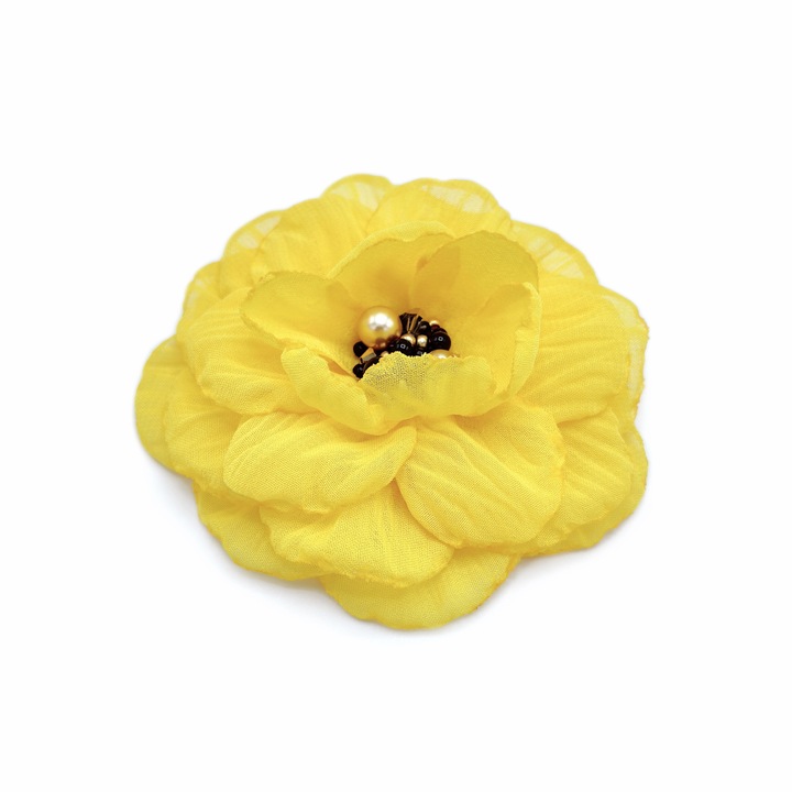 Brosa eleganta floare, Corizmi, Sole, voal bej, 8.5 cm, mijloc negru cu auriu cu perle si cristale