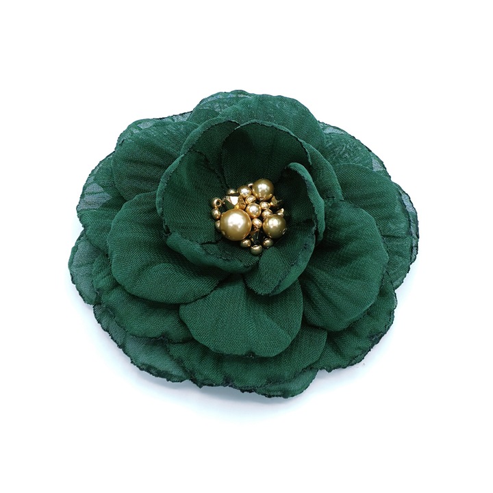 Brosa eleganta floare, Corizmi, Diana, voal verde, 8.5 cm, mijloc auriu cu perle si cristale