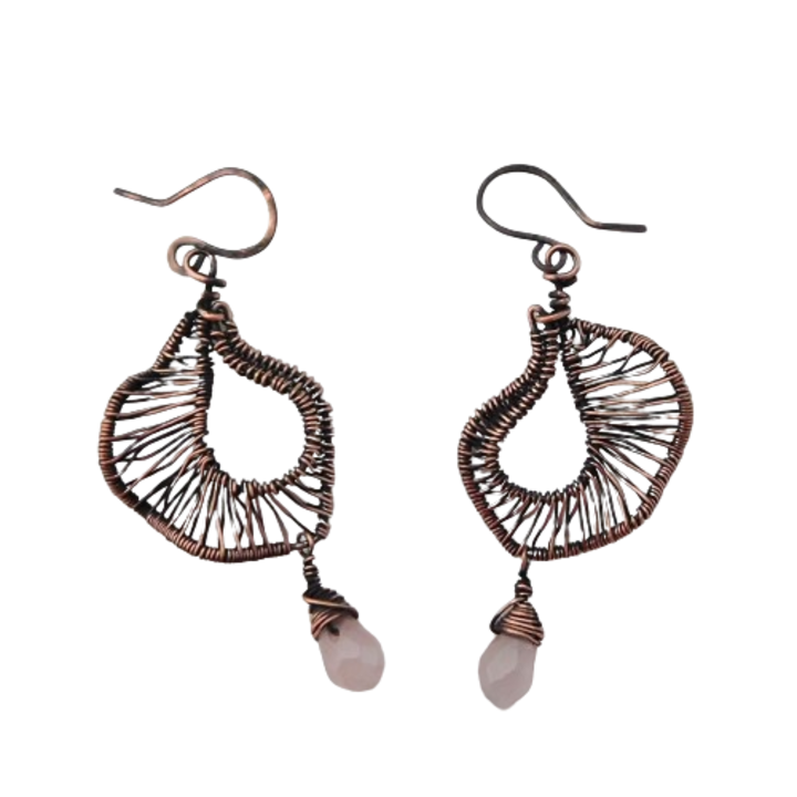 Cercei din cupru retea cu briolet din cuart roz