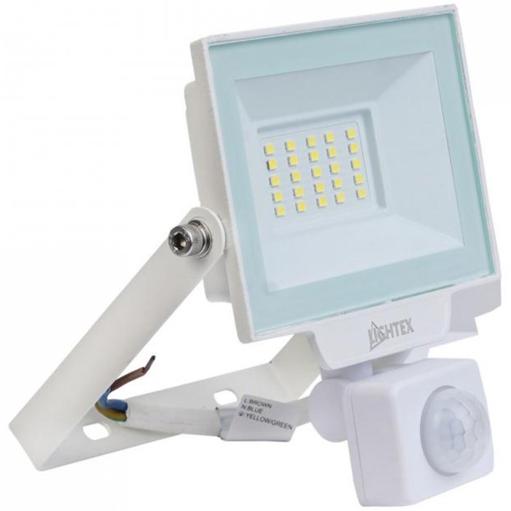 Proiector LED cu senzor Lightex Hero 504AL0011475, 20W, 1800 lm, temperatura lumina rece (6500K), IP65, Aluminiu, Alb, Clasa energetica F