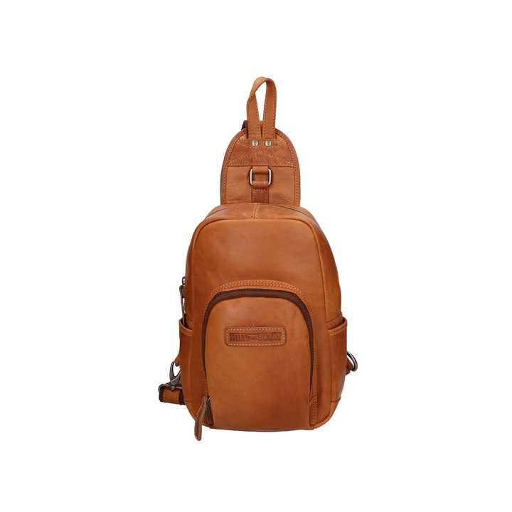 Hill Burry, Geanta crossbody unisex de piele cu buzunare multiple, Caramel