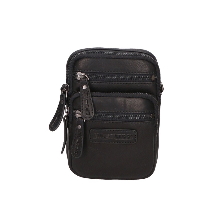 Hill Burry, Geanta unisex crossbody de piele cu buzunare exterioare, Negru