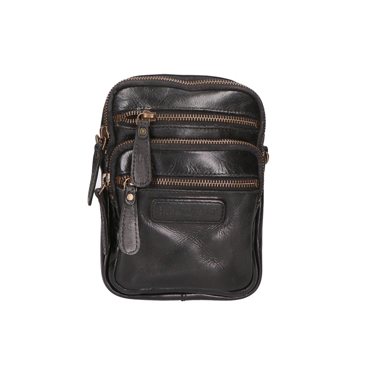 Hill Burry, Geanta unisex crossbody de piele cu buzunare exterioare, Negru
