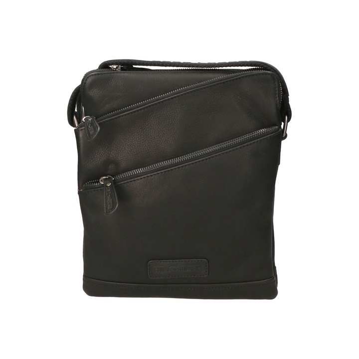 Hill Burry, Geanta crossbody de piele cu buzunar cu fermoar, Negru