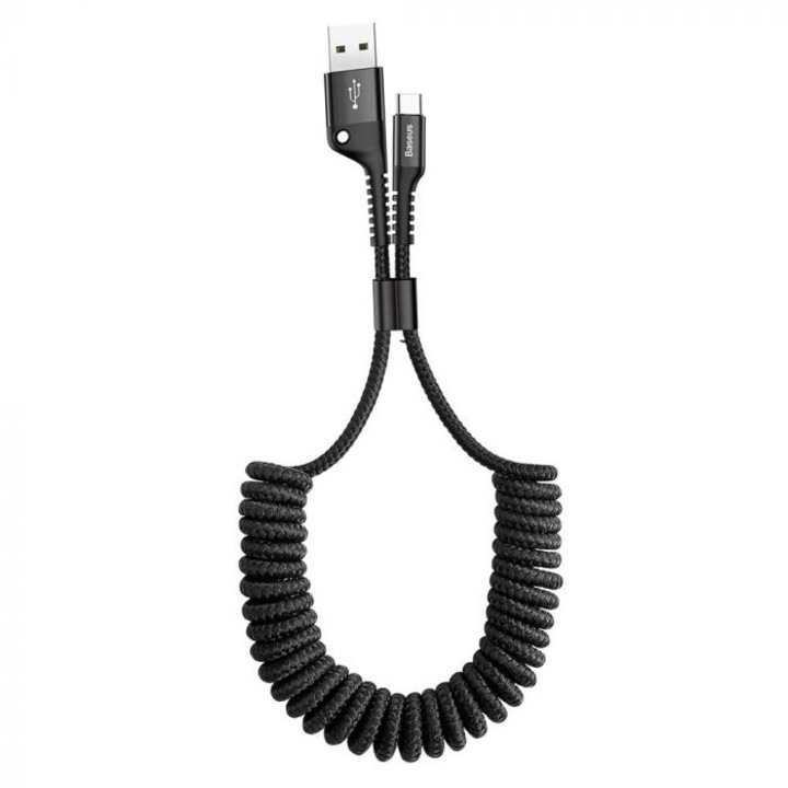 Töltő- és adatátviteli kábel, USB A - USB Type-C csatlakozók, Fish Eye, 2A, 1 m hosszú, spirál, textil, fekete