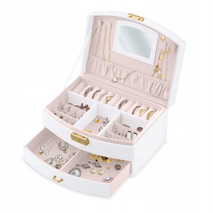 Cutie de Bijuterii idealSTORE, Dimensiuni 20, 5 x 13, 5 x 10, 5 cm, Include Oglinda, Incuietoare, Organizator pe 2 nivele Spatiu pentru inele, Cercei, Umerase pentru Colier, Piele Ecologica, Rezistenta la Socuri, Maner pentru Transport, Design Rafinat