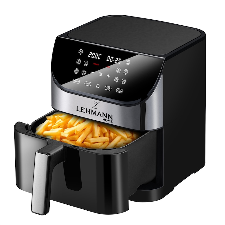 Фритюрник с горещ въздух, без олио, Lehmann Sante, 1500W, 6L, Дигитален екран, Вътрешно осветление, прозорец за преглед, 10 предварително зададени функции за готвене, 33,9x28x35 см, 5,8 кг, Черен