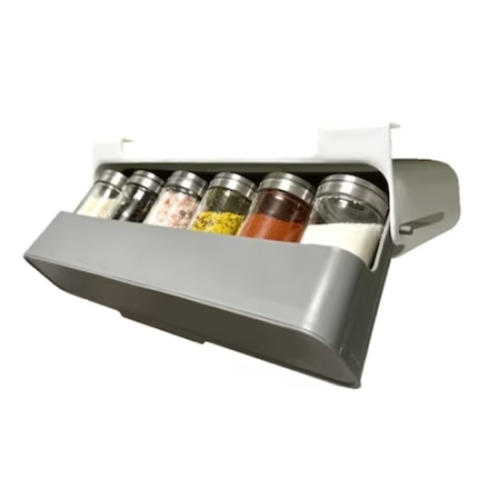 Organizator pentru condimente, suspendabil, cu 6 recipiente din sticla, cu capac metalic, alb/gri