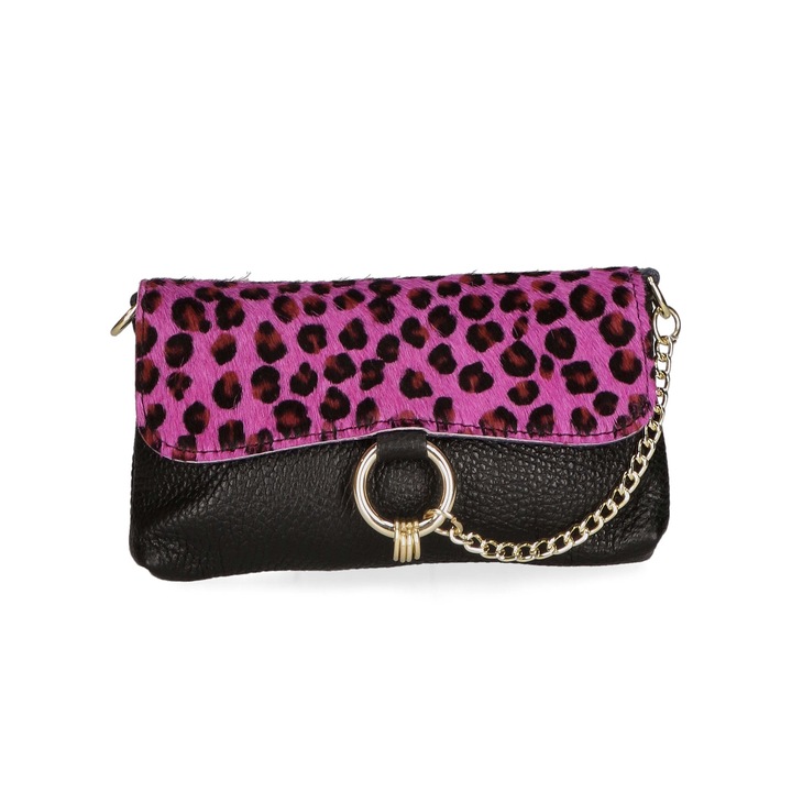 Gave Lux, Geanta crossbody de piele cu detaliu lant, Negru, Maro, Fucsia