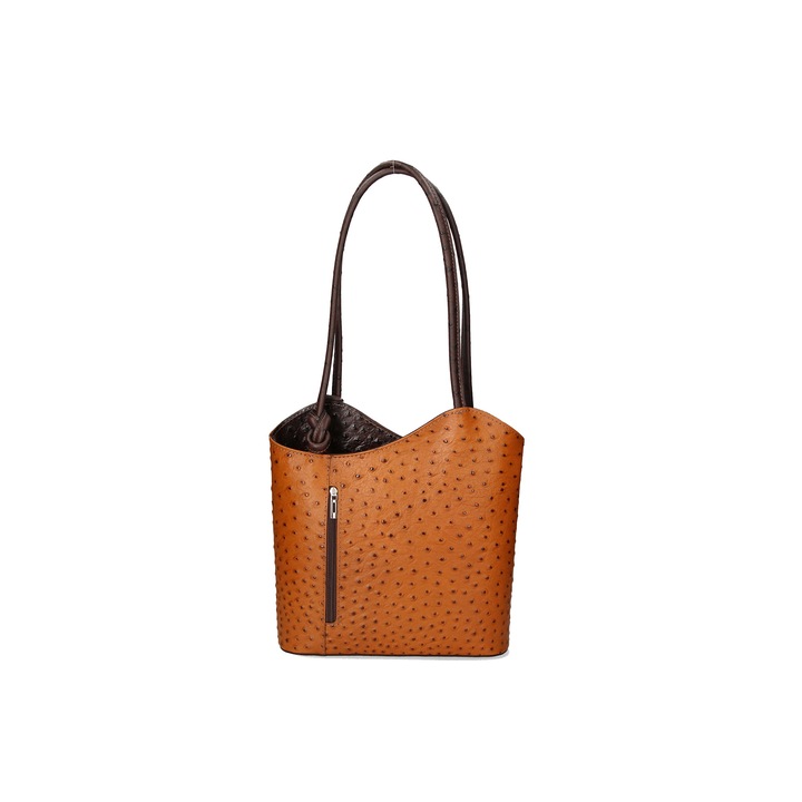 Gave Lux, Rucsac de piele cu imprimeu piele de strut, Maro inchis, Caramel