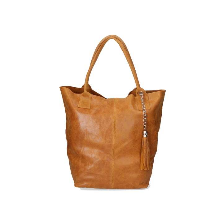 Gave Lux, Geanta shopper din piele cu accesoriu cu franjuri, Caramel
