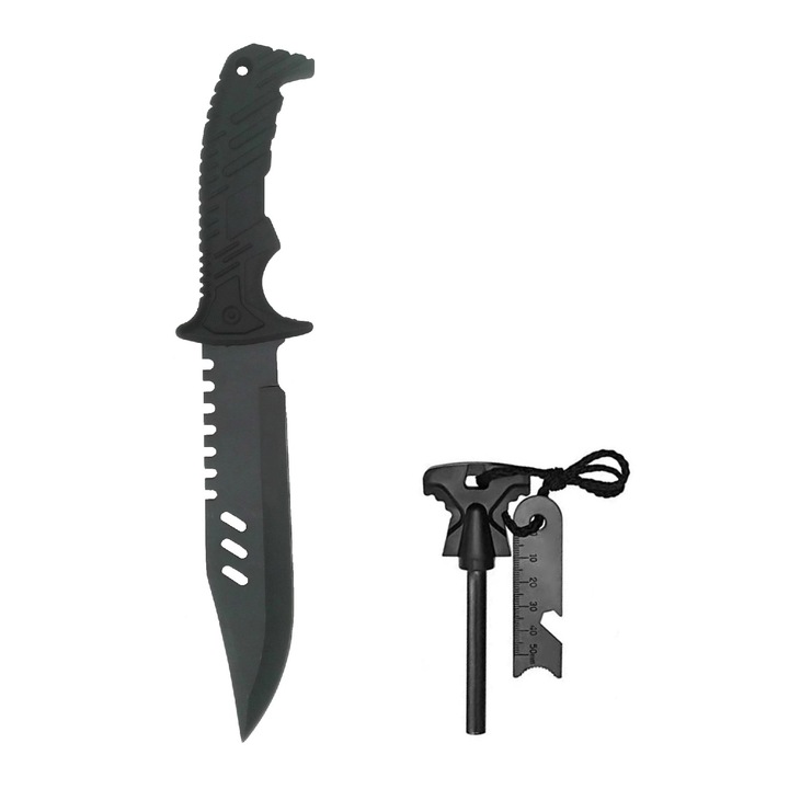Set Cutit Militar 32 cm, husa material textil inclusa si Amnar pentru camping, drumetie, supravietuire, 11 cm, negru