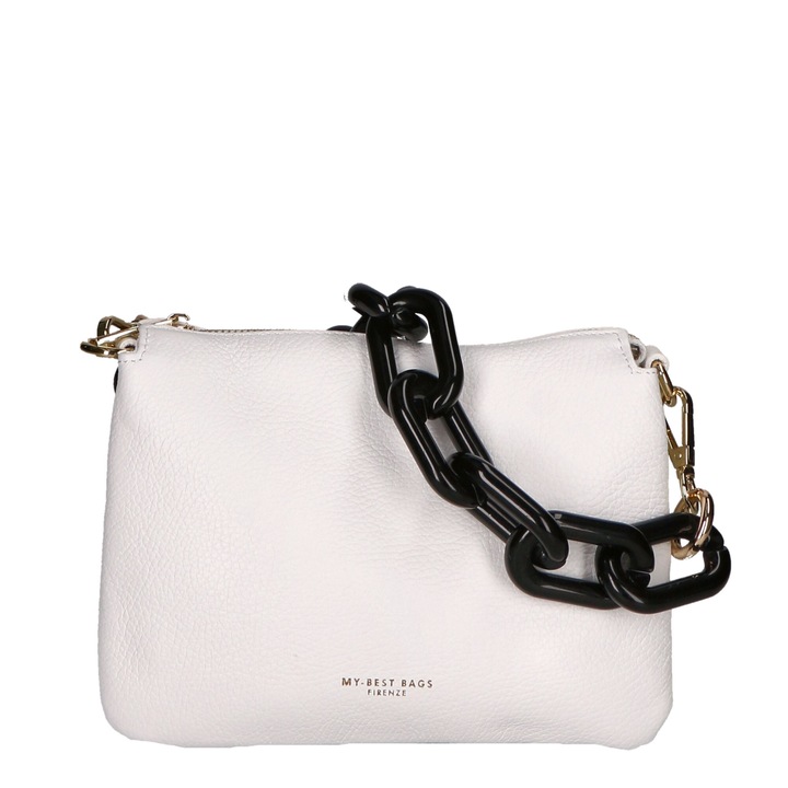 My-Best Bag, Geanta crossbody de piele cu bareta de lant, Alb