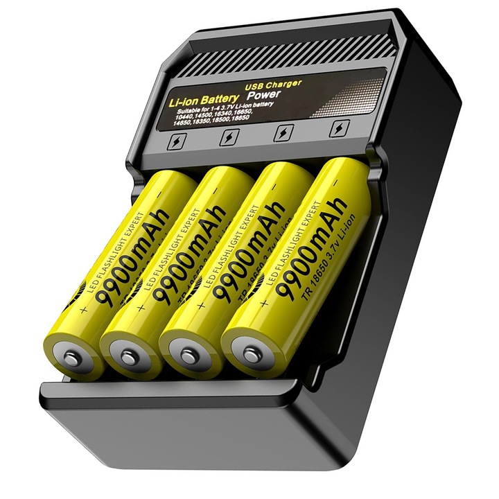 Incarcator Universal USB cu 4 Porturi pentru Acumulatori Li-Ion, Fast Charge, Compatibil cu Bateriile 18650, 10440, 14500, 16340, 16650, 14650, 18350 si 18500, SONORH®, Negru