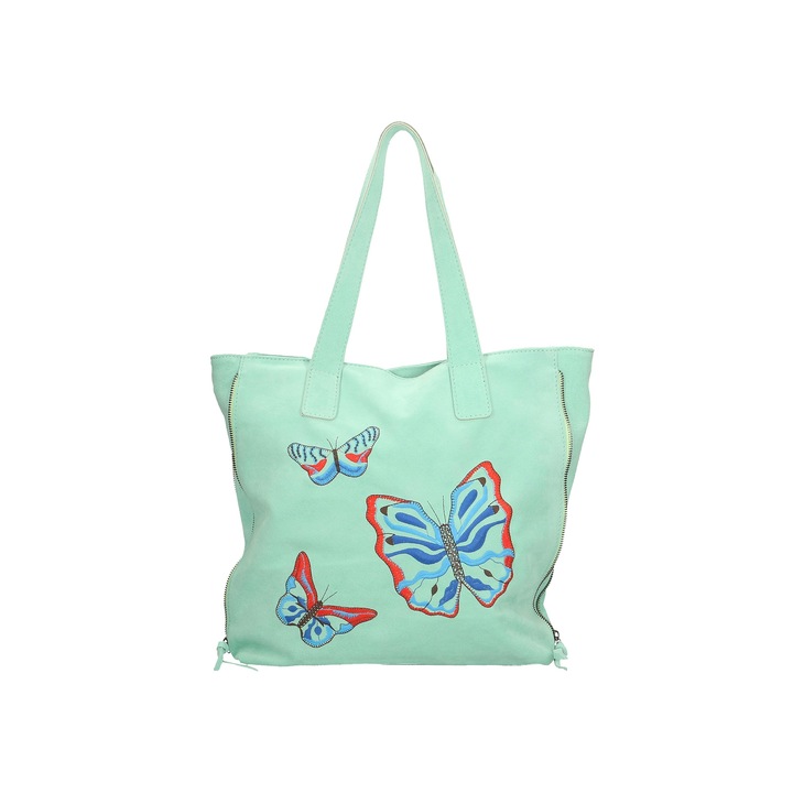Gave Lux, Geanta shopper de piele cu fluturi, Verde marin