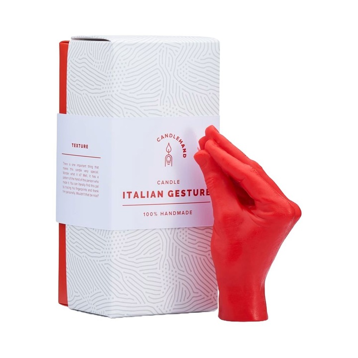 Декоративна свещ CandleHand, Italian Gesture, H 18 см, реалистичен размер и текстура, готова за подарък кутия, памучен фитил, ръчна изработка, червена
