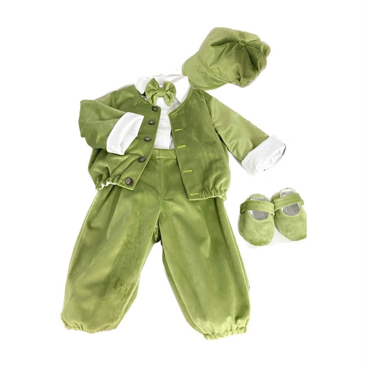 Costumas complet de Botez, Verde Olive, catifea si bumbac, 6 piese, 4-6 luni, Marimea 68, RoAna Atelier