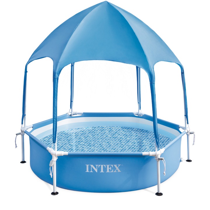 Шестоъгълен басейн с сенник Intex, диаметър 183 см, височина на басейна 38 см, обща височина 165 см, PVC/стомана, обем 700 л, син