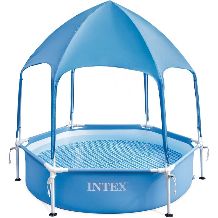 Piscina hexagonala cu parasolar Intex, diametru 183 cm, inaltime piscina 38 cm, inaltime totala 165 cm, PVC/otel, volum 700 l, albastru
