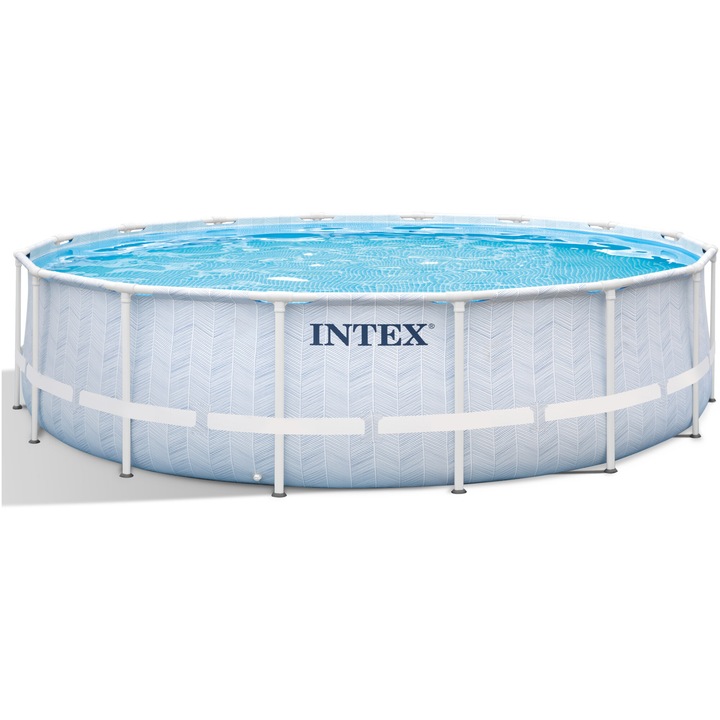 Кръгъл плувен басейн с филтър 4,4 m³/h Chevron Intex, диаметър 488 cm, височина 122 cm, филтърна касета, стълба за достъп и защитен брезент включени, PVC/стомана, обем 19156 l, сиво/синьо