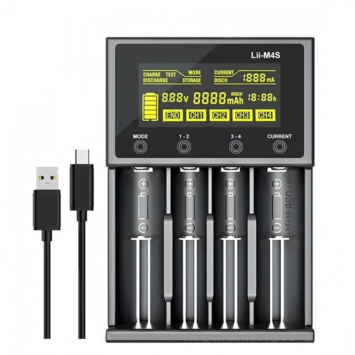 Универсално зарядно устройство за батерии, MOSMAOO®, литиево-йонни батерии 18650 1.2v/9v Ni-MH/Ni-CD AAA AA, 26650 21700 32650 20700 21700 16340, LCD дисплей, 4 интервала, черен