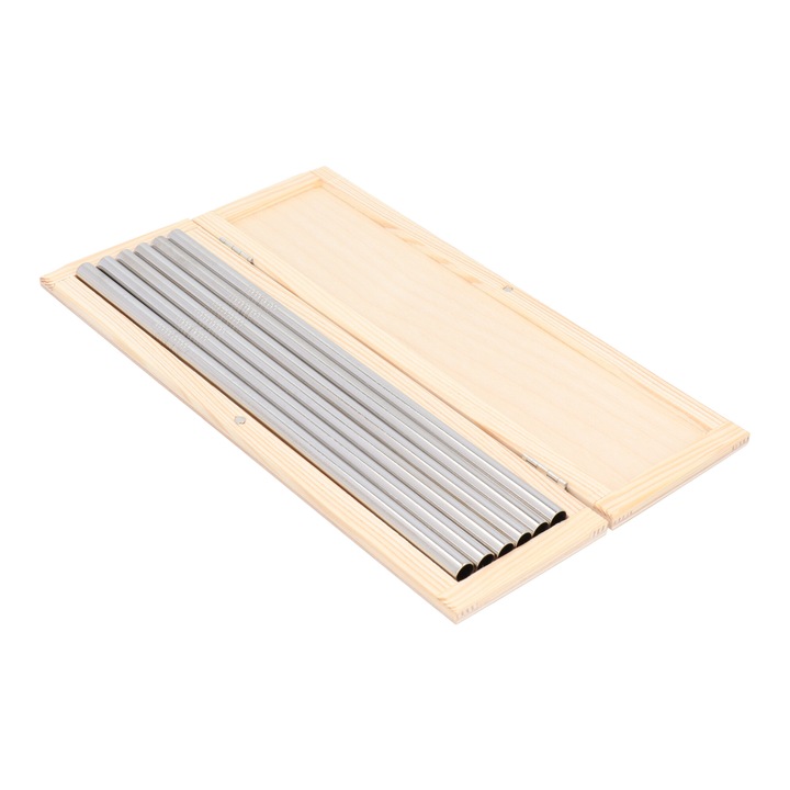 Set Premium Paie Reutilizabile din Metal Inox, Argintii, 8mm, Ecologice si Durabile, cu Perie de Curatare, in Eleganta Cutie de Protectie din Lemn, pentru Cocktailuri, Sucuri, Bauturi, Calatorii, Cadou Perfect, Fara BPA