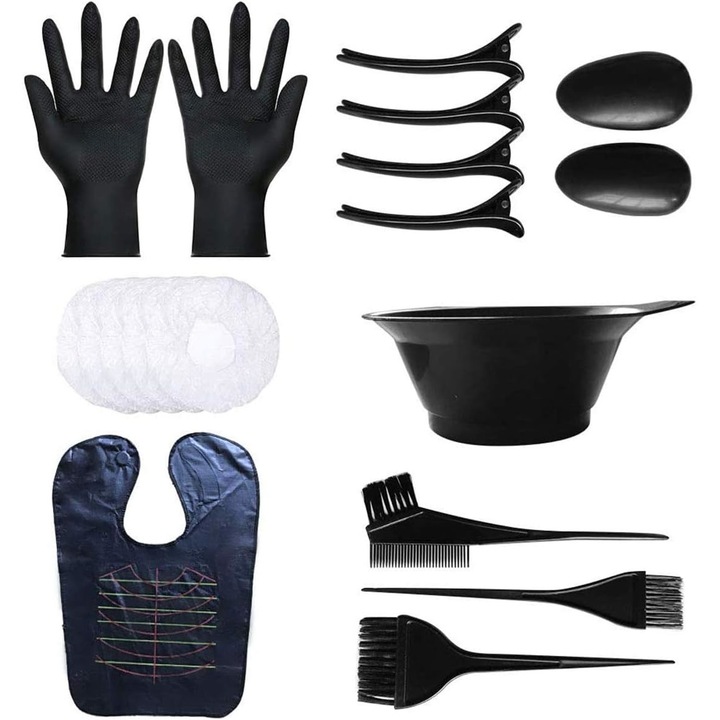 Set pentru vopsit parul Ardette, SCV11, 9 piese, cu pelerina pentru vopsea, clame coafor, manusi, casca dus si protectii urechi
