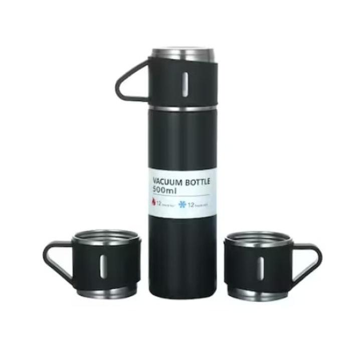 Set 3 piese, cu termos si 2 cani, capacitate 500ml, din metal si silicon, cu capac ermetic, BPA Free, negru
