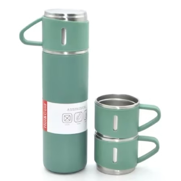 Set 3 piese, cu termos si 2 cani, capacitate 500ml, din metal si silicon, cu capac ermetic, BPA Free, verde