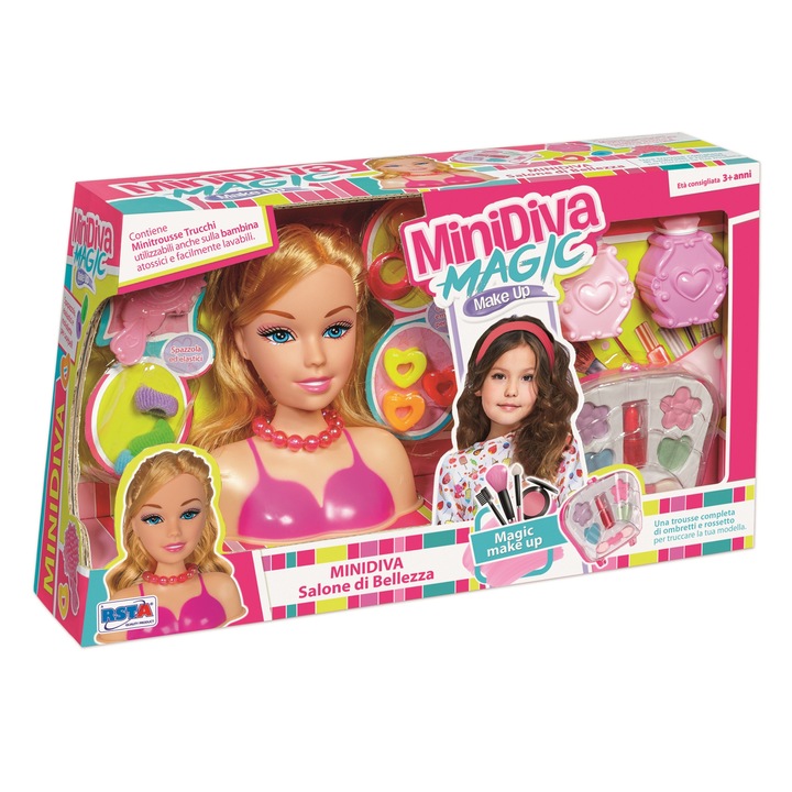Set bust coafor si cosmetica MInidiva pentru fetite, cu accesorii machiaj si par