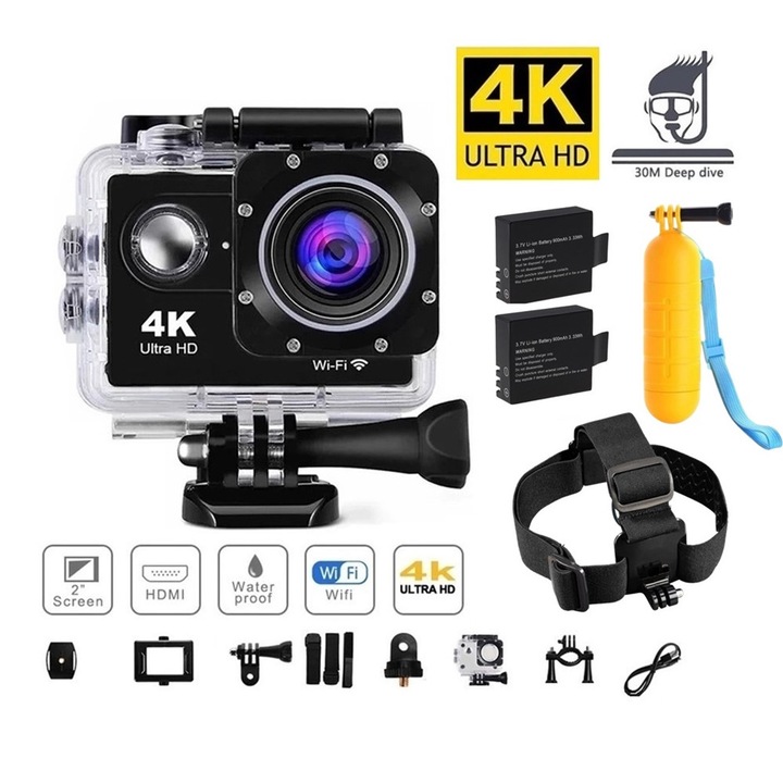 Спортна екшън камера 1TECH GoPlus CamPro, Втора батерия, Стойка за глава, Плувка-ръкохвадка, Аксесоари, Черен