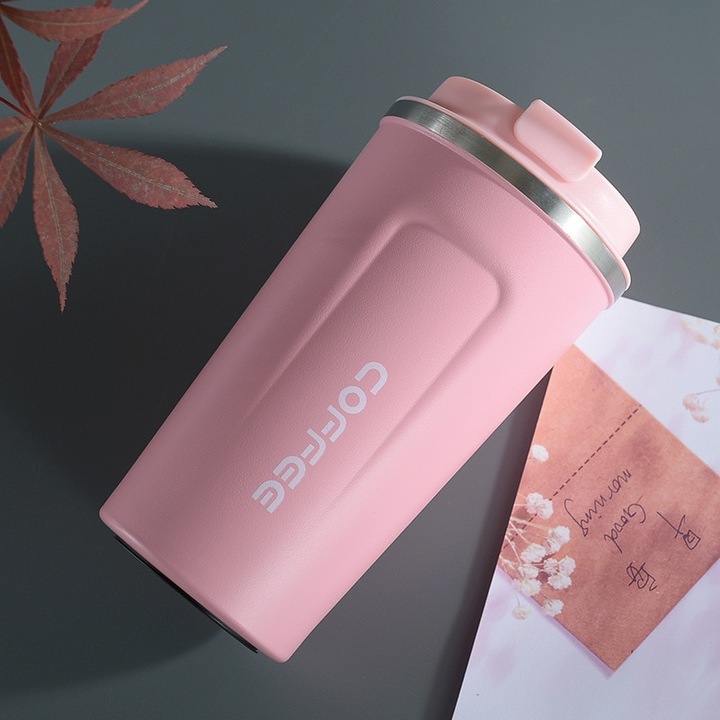 Cana Termos Coffee Welora®, Capacitate 510 ml, Pentru Cafea sau Alte Bauturi, Inox, Portabil, Pereti Dubli, Design Modern, Calitate Premium, Roz
