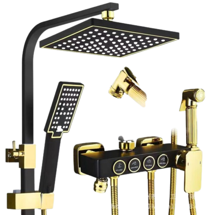 Set de dus modern cu suport culisant, dus fix si para dus mobila, negru/auriu