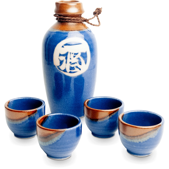 Set pentru sake din 5 piese, albastru si maro